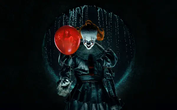 Pennywise clown holds a glowing red balloon before a dark, rain-streaked halo — It: Welcome to Derry (TV Show) 4K Ultra HD PC desktop wallpaper and background