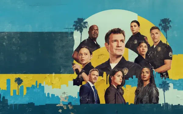 The Rookie — 4K Ultra HD PC desktop wallpaper showing an ensemble of uniformed officers against a stylized city skyline and sunburst backdrop.