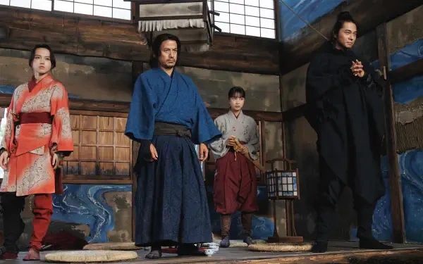 4K Ultra HD PC desktop wallpaper: cast of TV show Last Samurai Standing — four samurai in period costumes stand in a wooden interior, tense and cinematic.