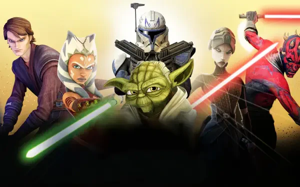 Star Wars: The Clone Wars (2008) HD PC desktop wallpaper/background featuring Anakin Skywalker, Ahsoka Tano, a clone trooper, Yoda, Asajj Ventress and Darth Maul with lightsabers.
