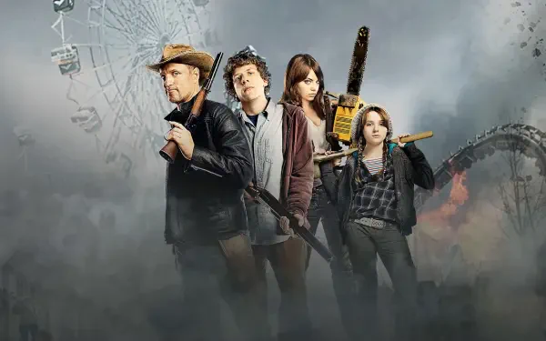 Zombieland film quartet of armed survivors emerging from fog with amusement-park ruins in the background — 4K Ultra HD PC desktop wallpaper/background.