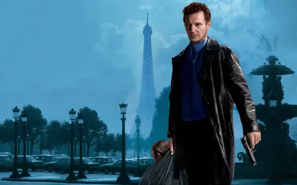 HD PC desktop wallpaper background showing a lone trench-coated man holding a gun and duffel bag in foggy Paris with the Eiffel Tower looming, tagged taken.