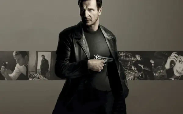 HD PC desktop wallpaper: lone man in a leather jacket holding a pistol, muted tones and a horizontal film-strip of scenes behind him — image tagged taken.