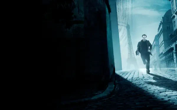 Tagged taken 4K Ultra HD PC desktop wallpaper: lone figure running through a foggy, blue-tinted cobblestone alley toward a distant city skyline.