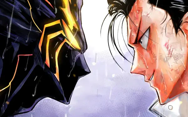 One-Punch Man 4K Ultra HD PC desktop wallpaper showing a tense close-up stare-down between a gold-accented dark masked figure and a bruised, bloodied hero.