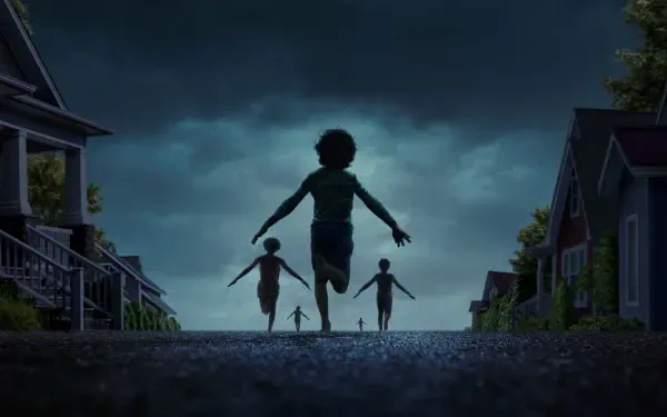 Eerie 4K Ultra HD PC desktop wallpaper: silhouetted children running down a wet suburban street beneath a stormy sky — scene tagged weapon.