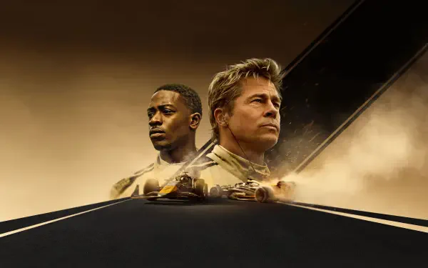 F1 (2025) 4K Ultra HD PC Desktop Wallpaper and Background — two focused drivers' portraits above a speeding F1 car kicking up dust on a dramatic golden racetrack.