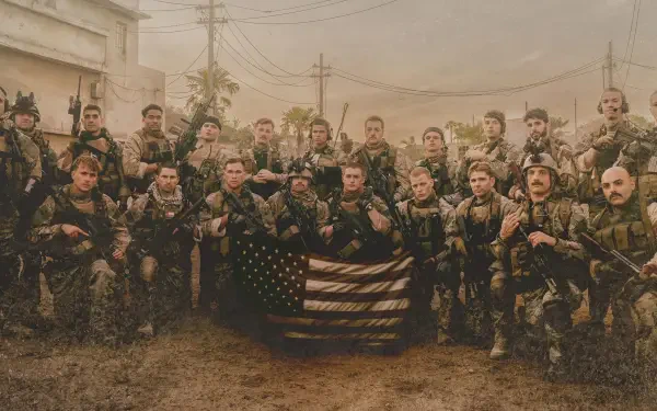 Warfare 4K Ultra HD PC desktop wallpaper: a large group of armed soldiers in camouflage pose on a dusty urban street, united around a weathered American flag.