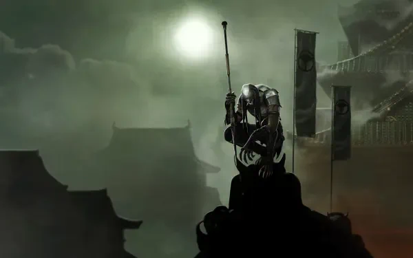 Predator Killer Of Killers 4K Ultra HD PC desktop wallpaper background: armored, cloaked hunter perched on a rooftop under a pale moon, banners and a misty city skyline behind.