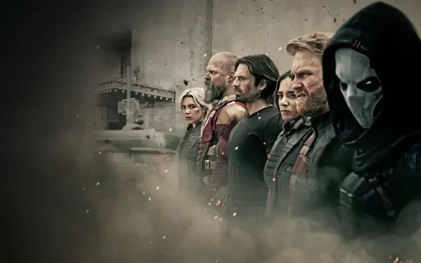 Thunderbolts (2025) 4K Ultra HD PC desktop wallpaper — gritty lineup of masked and armed antiheroes in a smoky industrial setting, muted colors and dramatic side lighting.