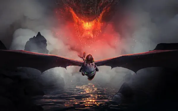 How to Train Your Dragon (2025) 4K Ultra HD PC desktop wallpaper: A rider on a dragon glides over misty water toward a towering, fiery dragon face emerging from smoke.
