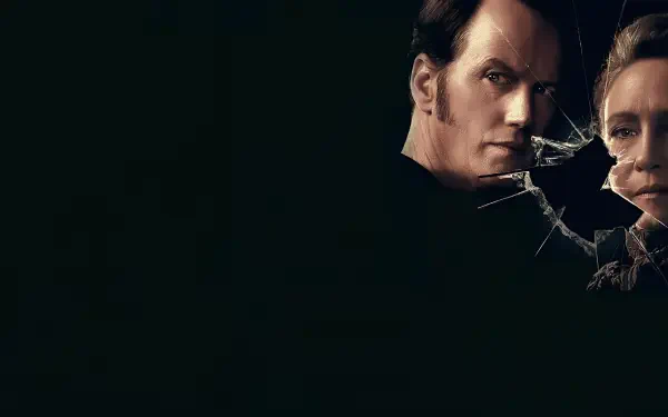 4K Ultra HD PC desktop wallpaper for The Conjuring: Last Rites — two pale faces emerge from shadow beside a spiderweb-like crack on a deep black background.