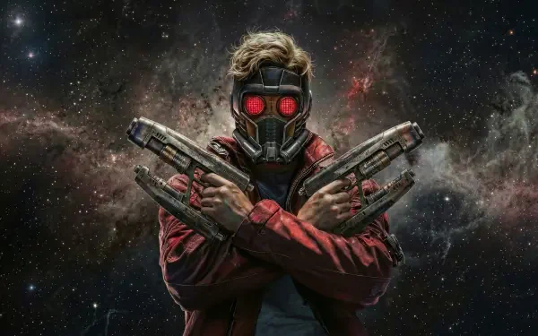 Star-Lord in a red jacket and mask, crossed pistols glowing red against a swirling nebula and starfield — 4K Ultra HD PC desktop wallpaper/background.