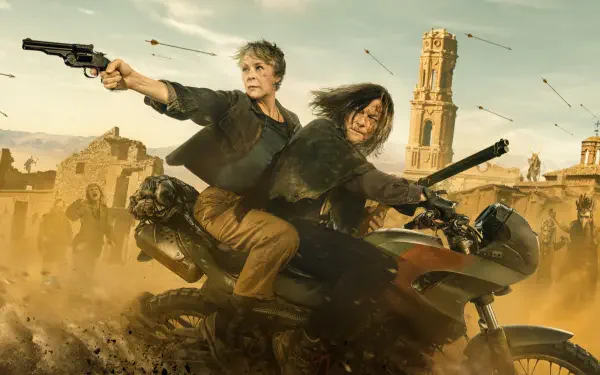 The Walking Dead: The Ones Who Live 4K Ultra HD PC wallpaper — two armed survivors on a motorcycle racing through a sunlit, dust-filled ruined town.