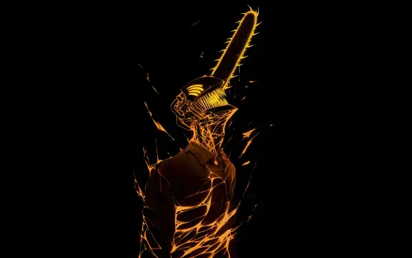 Chainsaw Man silhouette with a glowing orange chainsaw head and molten, cracked body — 8K Ultra HD PC desktop wallpaper and background.