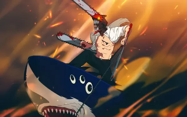 Chainsaw Man in chainsaw-headed form, shirt torn, riding a toothy shark through blazing embers — 8K Ultra HD PC Desktop Wallpaper and Background.