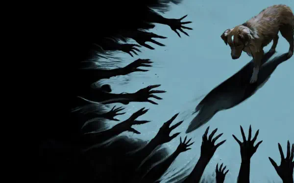 Good Boy! HD PC desktop wallpaper: a lone dog stands in a pool of light while dozens of shadowy hands reach from the surrounding darkness toward it.