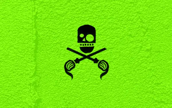 The Toxic Avenger 4K Ultra HD PC desktop wallpaper: neon green textured background with a black skull emblem above crossed mop heads.