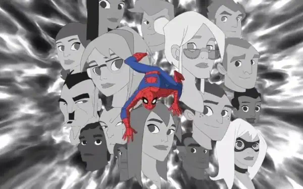 The Spectacular Spider-Man 4K Ultra HD PC desktop wallpaper: Spider-Man crouches atop a grayscale collage of allies and foes against a swirling web background.