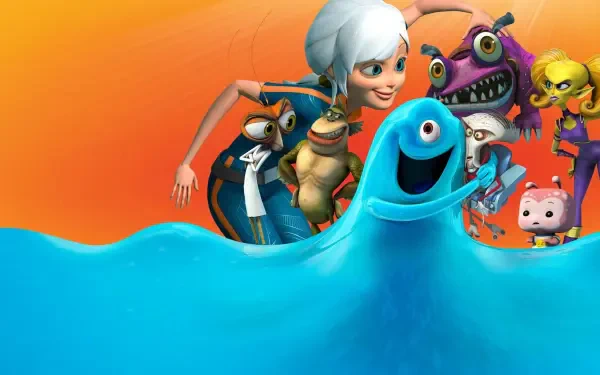 Monsters vs. Aliens HD PC desktop wallpaper showing Ginormica, B.O.B., Dr. Cockroach, The Missing Link and colorful aliens emerging from blue goo on an orange gradient background.