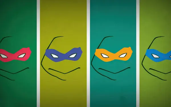 HD PC desktop wallpaper: minimalist Teenage Mutant Ninja Turtles (2003) design with four vertical panels showing stylized turtle faces and red, purple, orange, and blue masks.