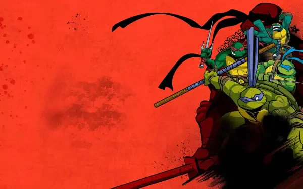 Teenage Mutant Ninja Turtles (2003) HD PC desktop wallpaper showing the four turtles clustered on a rock at right, weapons ready against a bold red background.