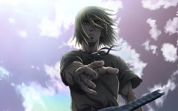 Vinland Saga 4K Ultra HD PC desktop wallpaper and background: low-angle view of a blond warrior reaching forward, wind-swept hair, sword at his hip under a dramatic cloudy sky.