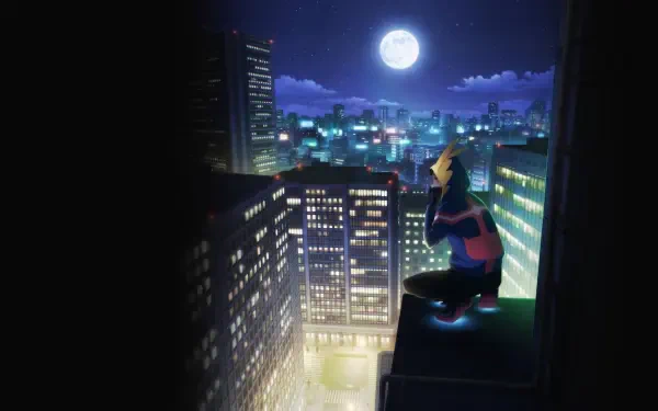 My Hero Academia: Vigilantes HD PC desktop wallpaper and background — a lone vigilante sits on a rooftop, gazing across a neon-lit city under a full moon.