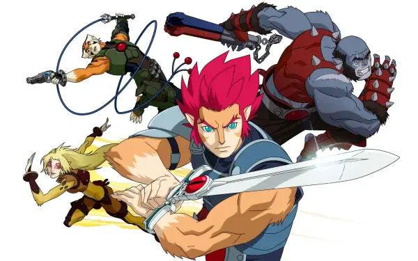Thundercats (2011) HD PC desktop wallpaper and background: Lion-O lunges forward with the Sword of Omens while Cheetara, Panthro and other Thundercats strike dynamic poses.