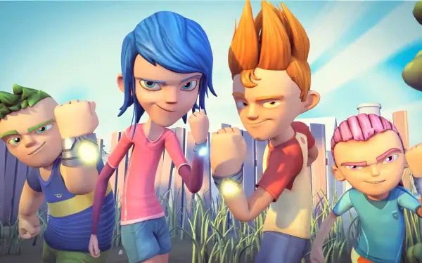 Sendokai Champions HD PC desktop wallpaper and background: four animated young champions with glowing wrist bands pose in tall grass under a bright, clear sky.