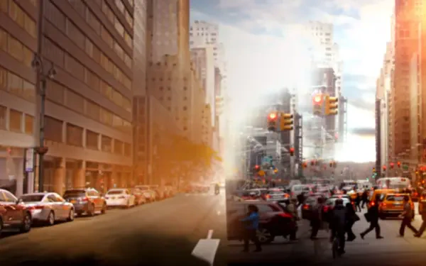 IF (2024) 4K Ultra HD PC Desktop Wallpaper and Background — split urban street: left sunlit, nearly empty lane; right crowded crosswalk with taxis, pedestrians and city traffic.