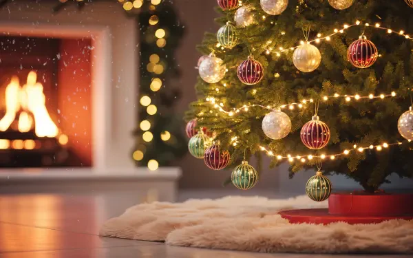 4K Ultra HD PC desktop wallpaper showing Christmas decorations: lit tree with gold and red baubles and string lights, a faux-fur tree skirt, and a glowing fireplace in a cozy room.