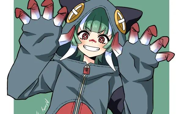 Anime-style Gachiakuta Guita Heavy Fantasia character grinning with green hair and oversized paw-like hoodie claws, HD PC desktop wallpaper/background.