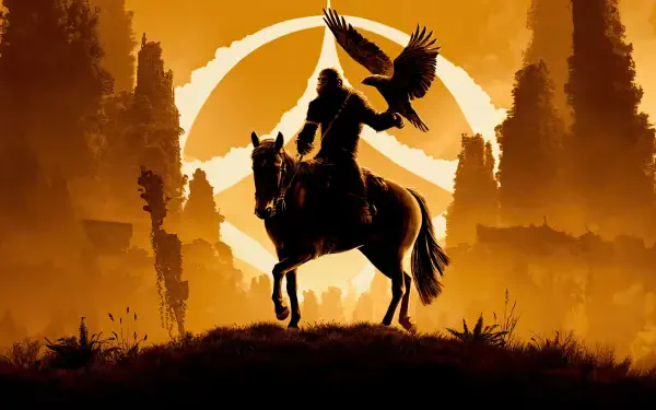 Silhouetted ape on horseback with a hawk, backlit by an orange sunset and emblem — Kingdom of the Planet of the Apes 4K Ultra HD PC desktop wallpaper.
