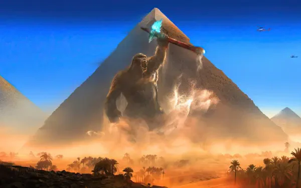 Godzilla x Kong: The New Empire 4K Ultra HD PC wallpaper - towering Kong wielding a glowing warclub before a pyramid in a dust-choked desert under a vivid blue sky.