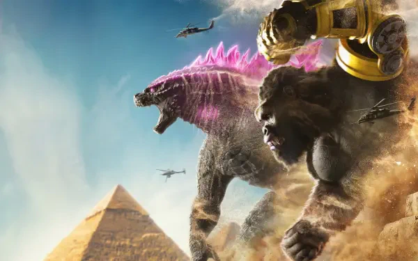 Godzilla x Kong: The New Empire 4K Ultra HD PC desktop wallpaper and background — glowing-spined Godzilla and armored Kong charge past pyramids as helicopters circle overhead.
