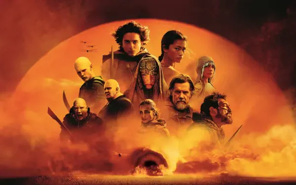 Dune: Part Two 4K Ultra HD PC desktop wallpaper — ensemble of characters framed by a giant orange sun over stormy desert sands with a sandworm.