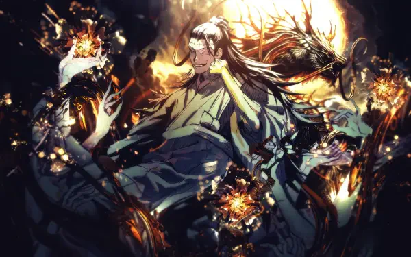 Jujutsu Kaisen 4K Ultra HD PC desktop wallpaper: a menacing sorcerer surrounded by fiery cursed limbs, swirling darkness and glowing embers.