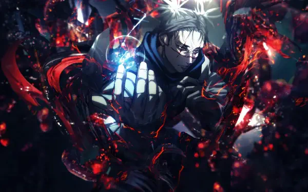 Satoru Gojo (Jujutsu Kaisen) rendered in a dramatic 4K Ultra HD PC desktop wallpaper, shrouded in red-black cursed energy and reaching forward with a glowing hand.