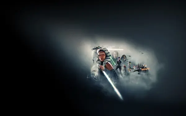 Ahsoka (2023) HD PC desktop wallpaper and background — Ahsoka Tano charging forward with a bright white lightsaber, allies and starships emerging from smoky darkness.