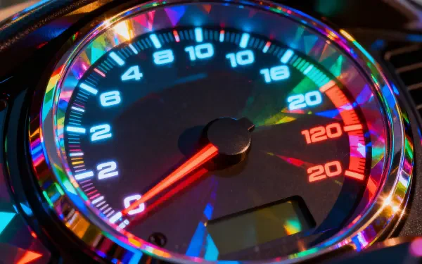 Close-up illuminated speedometer with neon reflections and red needle, rendered as a 4K Ultra HD PC desktop wallpaper and background.