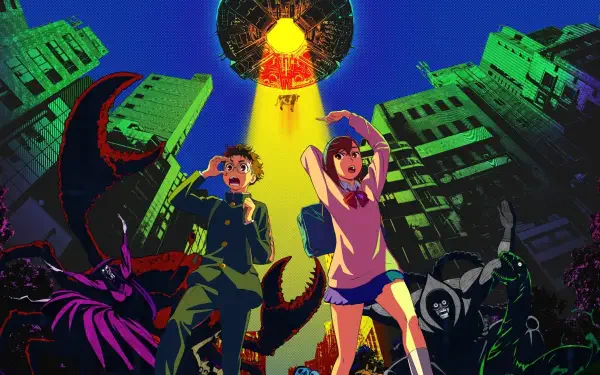 Dandadan anime duo confronting monsters under a glowing UFO over a neon ruined city — 4K Ultra HD PC desktop wallpaper background.