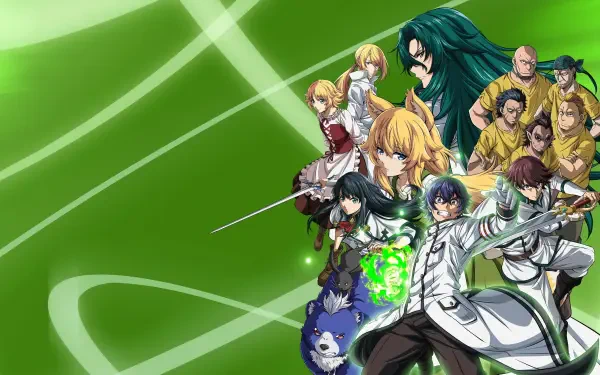 4K Ultra HD PC desktop wallpaper and background of The Wrong Way to Use Healing Magic: anime ensemble on vivid green swirls, protagonist emitting a bright green healing aura.