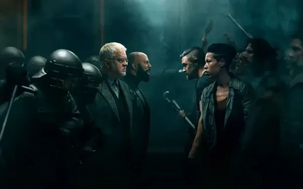 4K Ultra HD PC desktop wallpaper and background: tense standoff in a dim industrial silo — armored police on left confront armed civilians on right beneath a greenish haze.