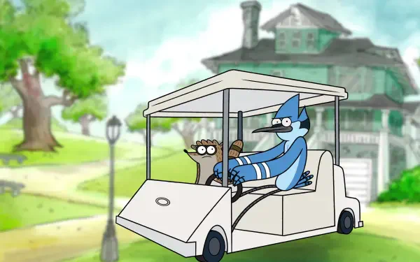 Regular Show 4K Ultra HD PC desktop wallpaper: Mordecai and Rigby riding a golf cart down a leafy suburban street with a large house in the background.