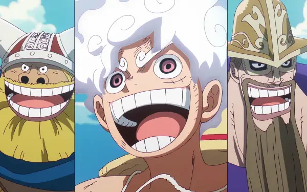 Anime One Piece HD desktop wallpaper featuring giants Dorry, Brogy and Monkey D. Luffy grinning in close-up against a bright blue sky.
