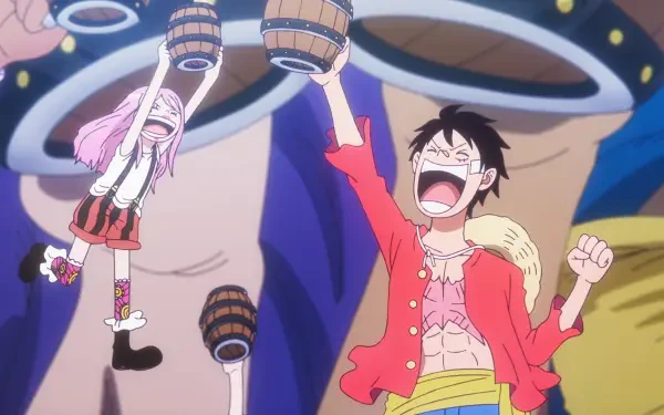 Anime One Piece HD PC wallpaper: Jewelry Bonney and Monkey D. Luffy cheer, raising barrels amid a colorful festival background.