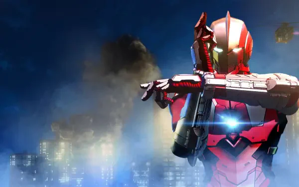 Ultraman: Rising — red-silver Ultraman with glowing chest and crossed arms rising above a smoky city skyline; HD PC desktop wallpaper/background.