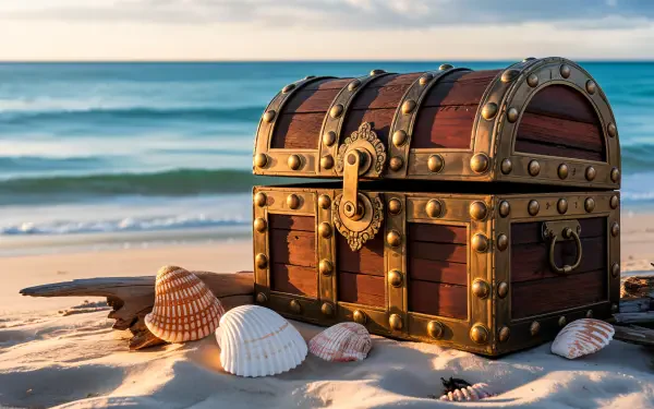 4K Ultra HD PC desktop wallpaper: brass-studded wooden treasure chest with seashells resting on a sunlit sandy beach, gentle waves and sky in the background.