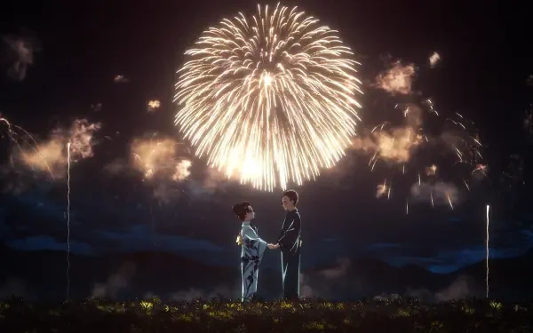 Anime HD PC desktop wallpaper from Demon Slayer: Kimetsu no Yaiba — two characters in kimonos hold hands in a moonlit field beneath a giant golden firework.